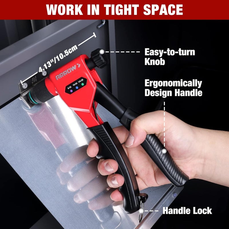 Arrow Fastener Arrow Rivet Nut Tool, 8" Rivet Nut Gun Kit Designed for Tight Space, Rivet Nut Setter with 3 Pcs Mandrels (8-32, 10-24, 1/4-20), 75 Pcs Rivnuts and 3 Pcs Drills, Sturdy Case Packed - Image 4